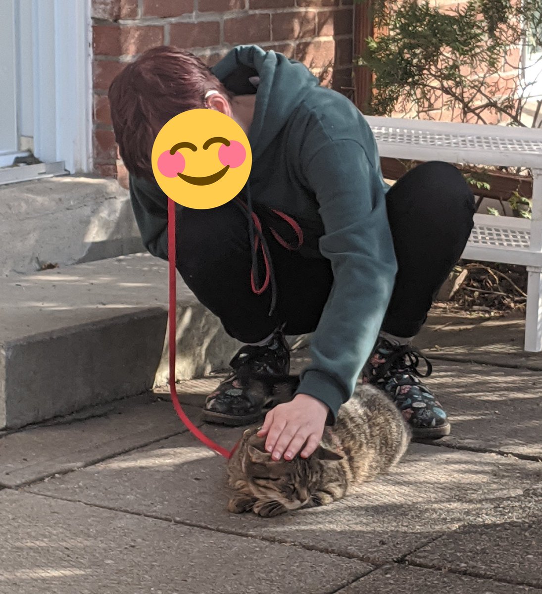 sister with kitty outside today!! you did great baby!!