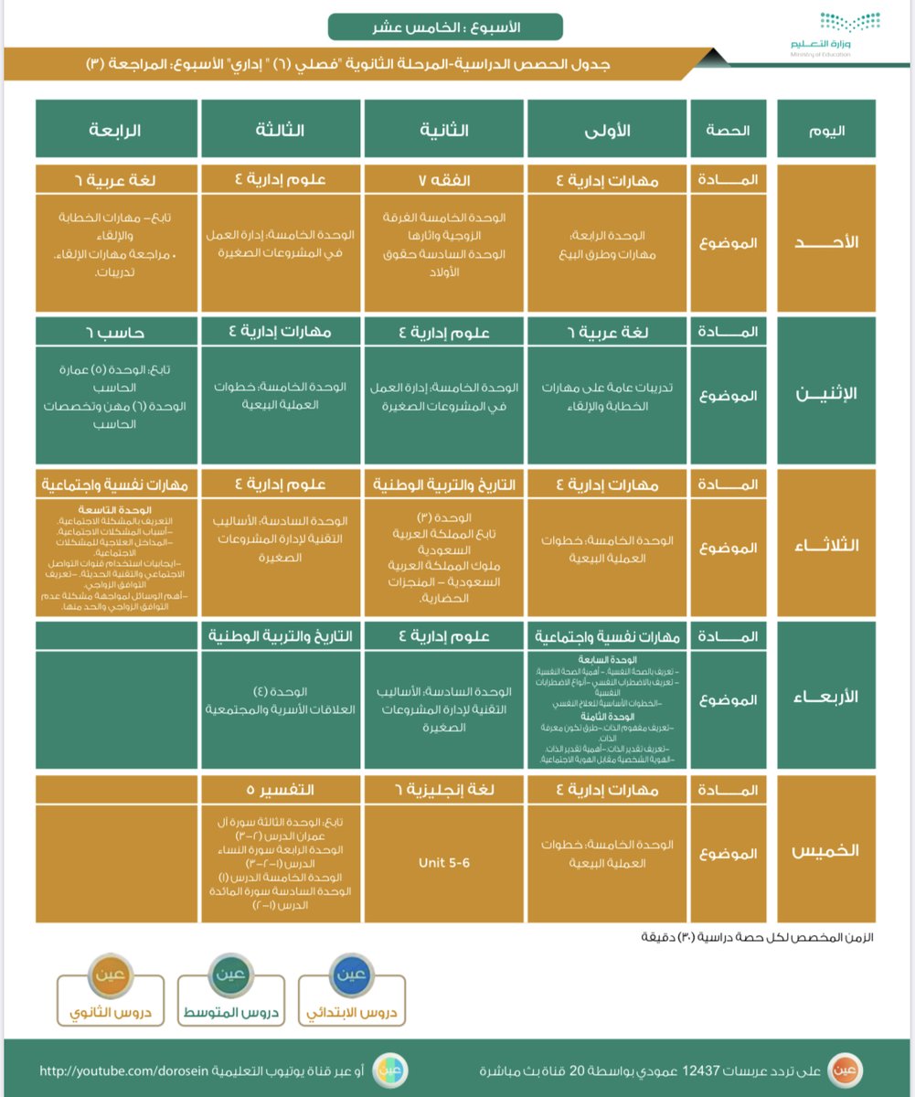 جدول دروس الأسبوع الخامس عشر (مراجعة) للمرحلة الثانوية (فصلي) عبر قنوات عين على تردد عربسات 12437 عمودي، فى بث مباشر من الساعة الواحدة ظهراً، ويُعاد طوال اليوم، أو عبر رابط القناة على اليوتيوب: 
m.youtube.com/playlist?list=…