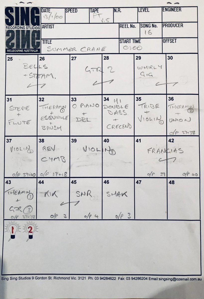 TheAvalanches's tweet image. SUMMER CRANE - the original mix notes from Sing Sing Studios Melbourne. 13/01/2000 ! 

The whole album took 6 weeks to mix. #TimsTwitterListeningParty #sinceileftyou