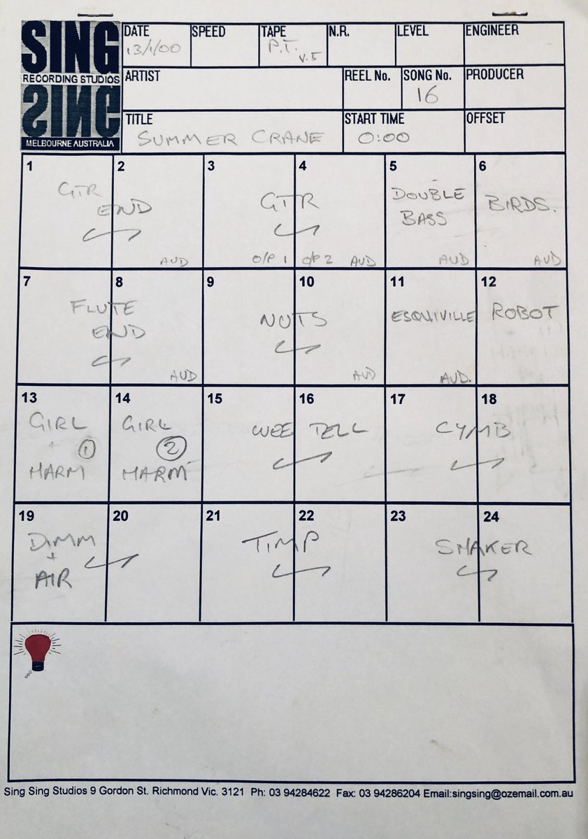 TheAvalanches's tweet image. SUMMER CRANE - the original mix notes from Sing Sing Studios Melbourne. 13/01/2000 ! 

The whole album took 6 weeks to mix. #TimsTwitterListeningParty #sinceileftyou