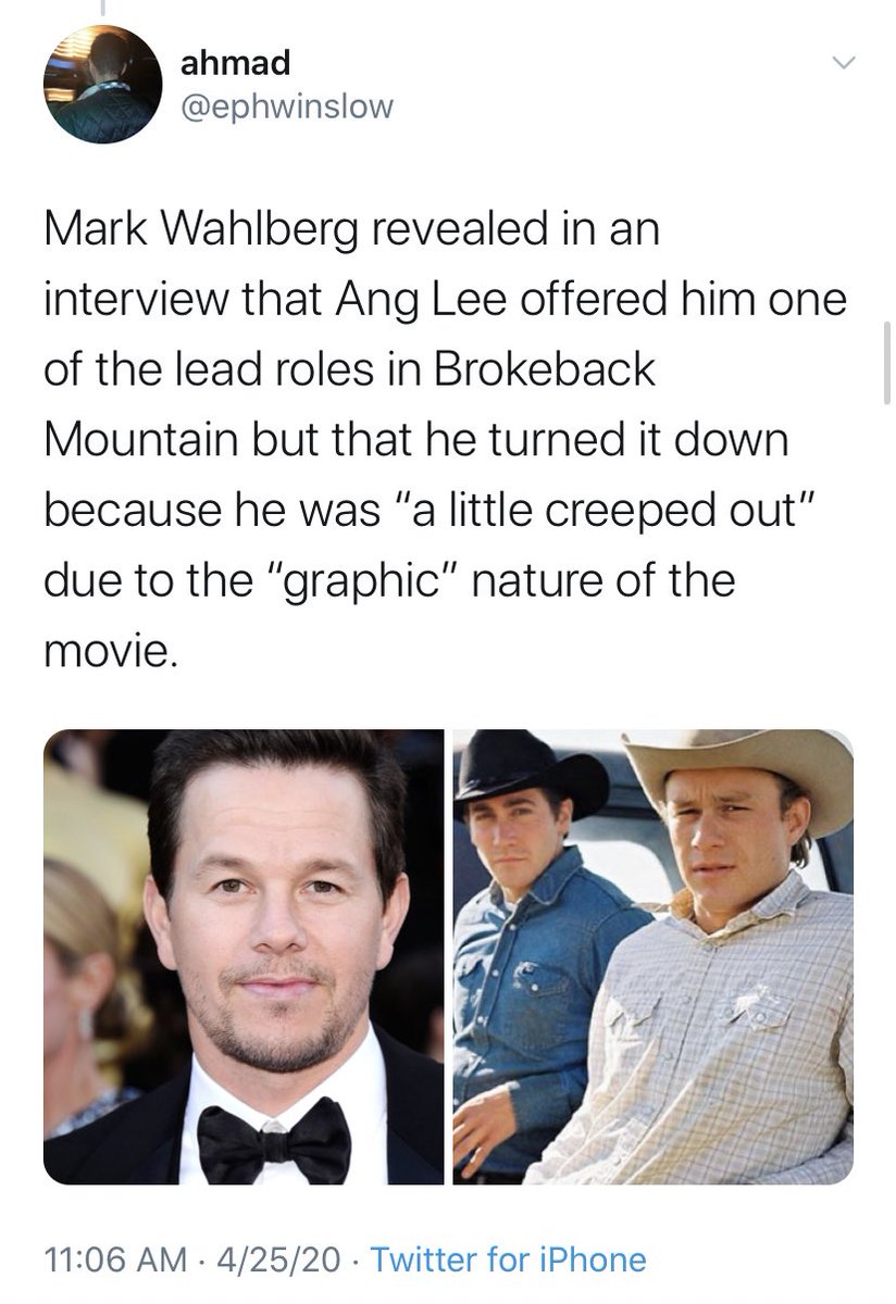 he refused to be a lead in brokeback mountain due to its “graphic nature” despite starring in the much more graphic movie boogie nights. hmmmm 