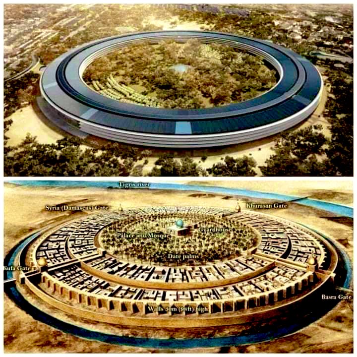 الصورة في الاعلى هي للمقر العام لشركة Apple و الصورة في الأسفل هي لمدينة #بغداد في زمن الدولة العباسية .. ملاحظة: 
الفرق بين الصورتين هو 1250 سنة.