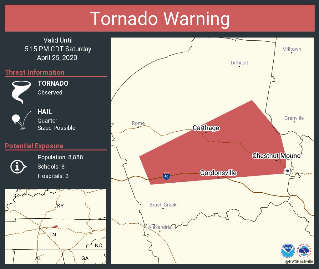 Tornado Warning continues for Carthage TN, South Carthage TN