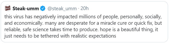 Second, I hear a lot of people suggesting we must re-open to "save the economy". We're getting there, but we need to be cautious. Isn't saving lives the priority here? I may be naive. Anyway, regarding patience: