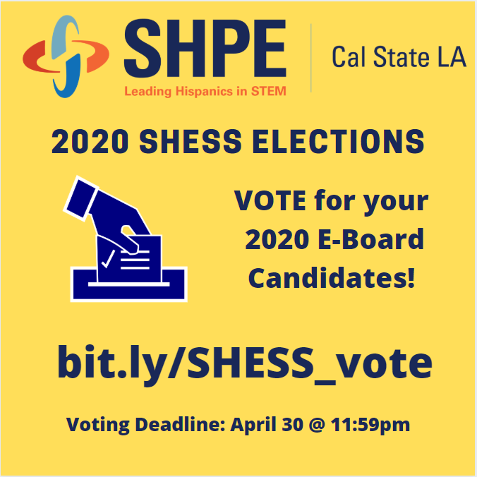 SHESSCalStateLA's tweet photo. Hello everyone, we are having our elections and we value your opinion so please consider voting! 

Link to vote:  https://t.co/YLXpheKBhL
Stay Safe everyone!
#SHESS #shpe #CalStateLA #WeAreECST #region2 https://t.co/MlwKw7OUXn