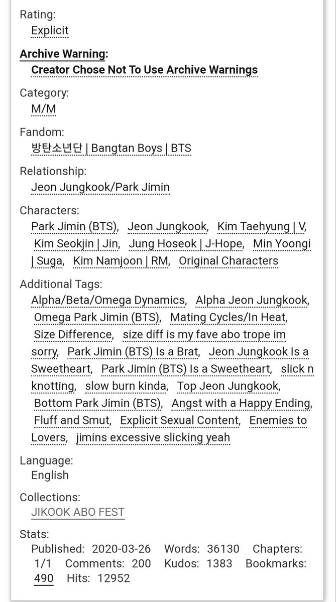  A Bite That Burns - Jikook- AU ABO- Complete  https://archiveofourown.org/works/23322490 