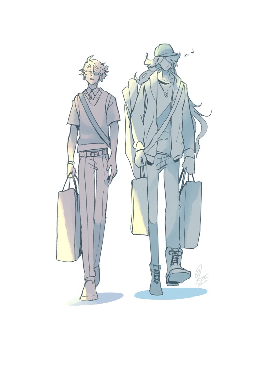 multiple boys 2boys walking long hair bag male focus shopping bag  illustration images
