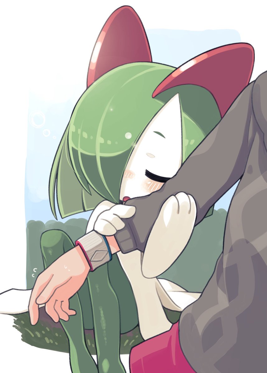 kirlia pokemon (creature) multicolored skin sitting two-tone skin green hair closed eyes blush  illustration images