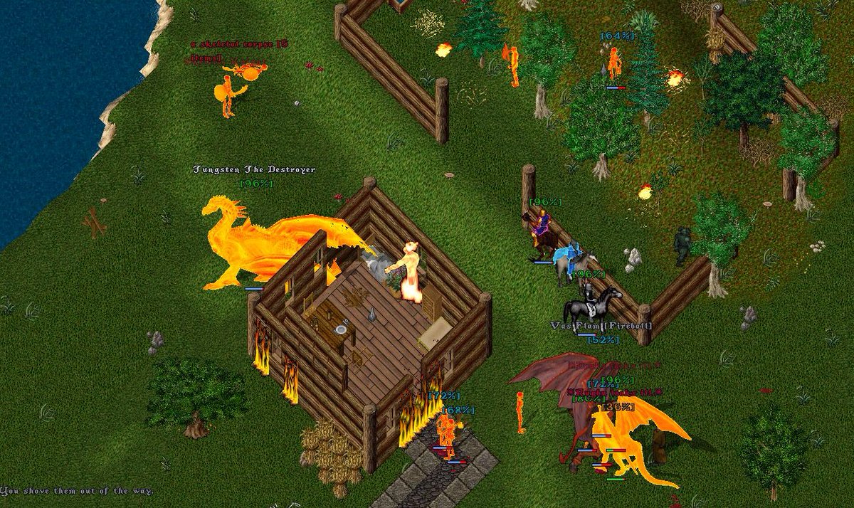 cataclysmuo's tweet photo. At this very moment, Britannia Burns! This weekend is Cataclysm's first Community Weekend, and we ran our Britannia Burns event today! Players kill two bosses and loot keys to open the burning houses, each contains a chest with prizes! @ultimadragons #CataclysmUO #UO #Sphere https://t.co/V3WTobxmle