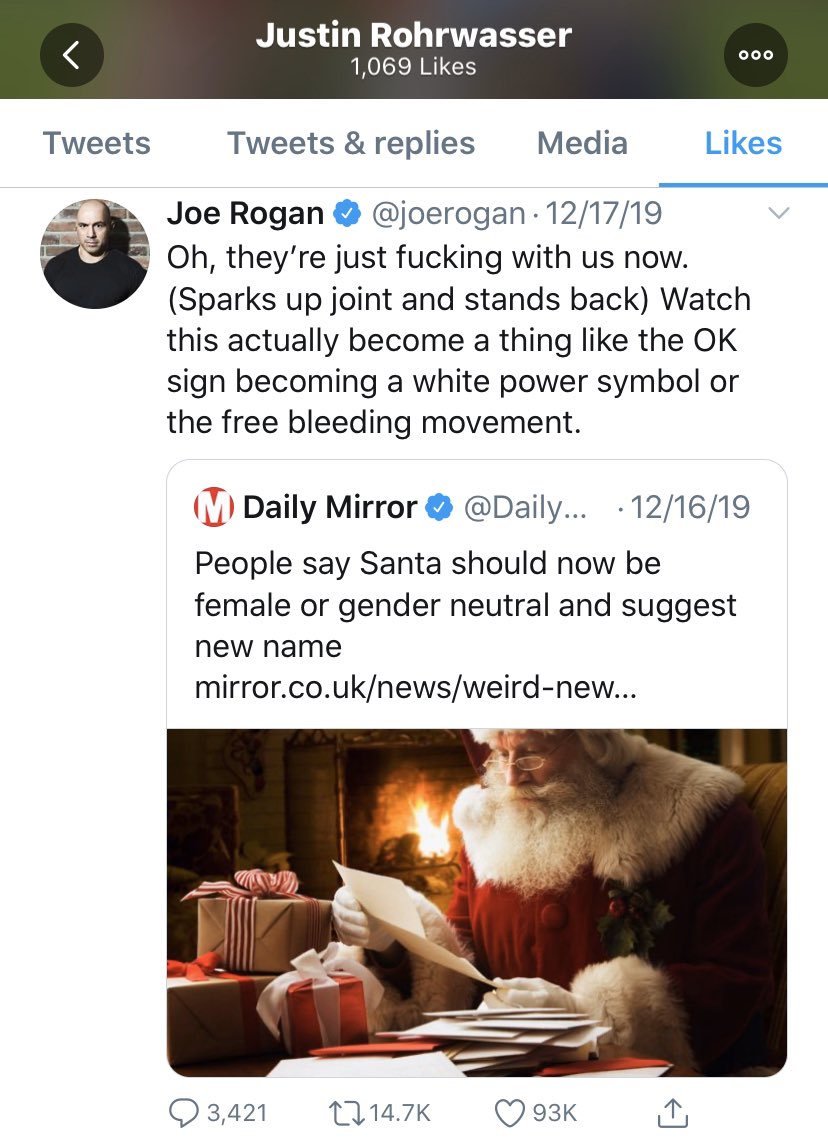 Justin Rohrwasser liked a Joe Rogan tweet complaining about a gender neutral Santa, dismissing it along with the “OK sign becoming a white power symbol” and the “free bleeding movement.”  #NFLDraft  