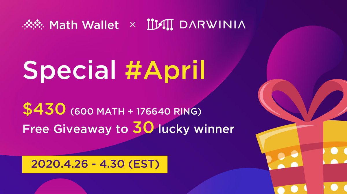 To celebrate the launch of "Crab Network" by DARWINIA, MathWallet and DARWINIA will have $430 worth MATH&amp;RING giveaway, rules ⬇️
  🦀Follow <a href="/MathWallet/">MathWallet</a> and <a href="/DarwiniaNetwork/">Darwinia</a>
  🦀Retweet
  🦀@ 3 friends

  #April #MATH #airdrop #freegiveaway #Rewards