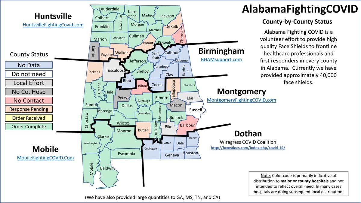 This map is really cool. As volunteers, we've produced and donated 40,000 high quality Face Shields across the region. Here's what we've done across Alabama. The team in Montgomery and Mobile have done an exceptional job providing to the rural areas in need. #AlabamaFightingCOVID
