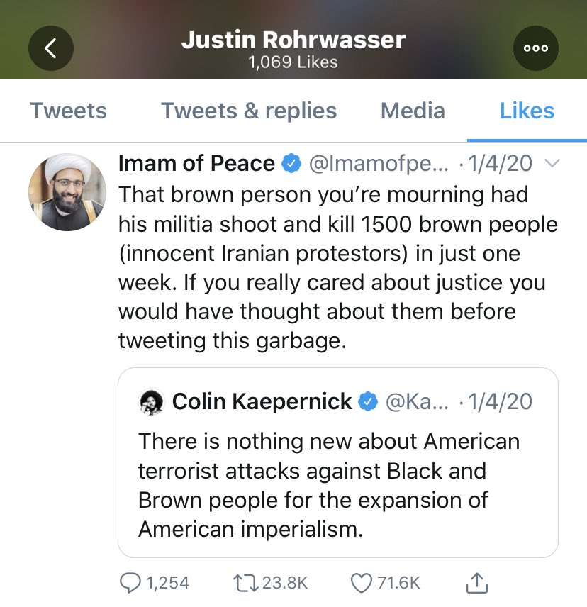 Justin Rohrwasser liked a tweet from a favorite of the far right, the controversial “Imam of Peace” who attempting to rebuke Colin Kaepernick’s critique of American imperialism.
