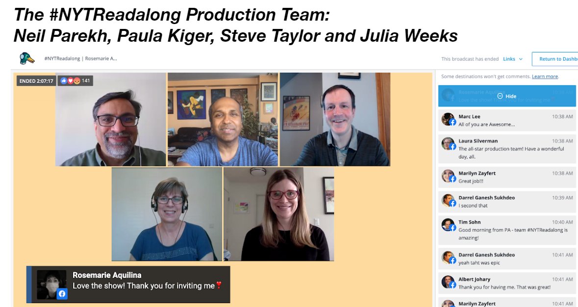 4/x  @Sree's  #NYTReadalong is livestreamed every Sunday at 8:30am ET.I'm the Exec. Producer. We bring in guests remotely, show videos & websites, show live comments, use lower thirds & chyrons using  @streamyardapp.( @AquiRosemarie was last week's guest.) Check out our team!