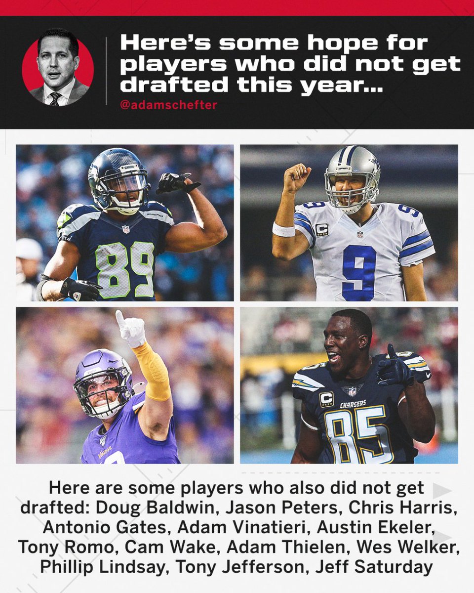 AdamSchefter's tweet photo. Not getting drafted sometimes can turn out to be a blessing. It did for these undrafted freee agents, and plenty of others. https://t.co/362rLobKr9