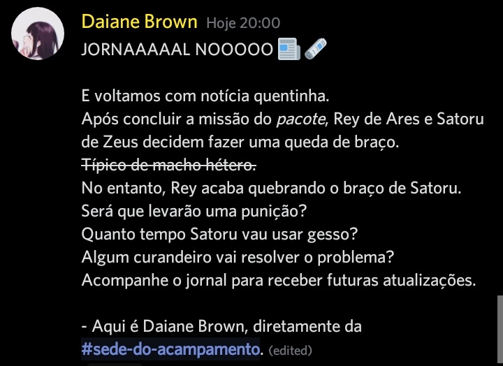 NovosRPG's tweet photo. Estamos ao vivo diretamente da sede do acampamento, onde 0 e -1 honram seu mod de inteligência mais uma vez. 
Pérolas como essa somente aqui, no Novos Olimpianos RPG seu melhor RPG de Percy Jackson no discord! 
Link na bio. 

#NovosOlimpianosRPG https://t.co/TPtym1AjDZ