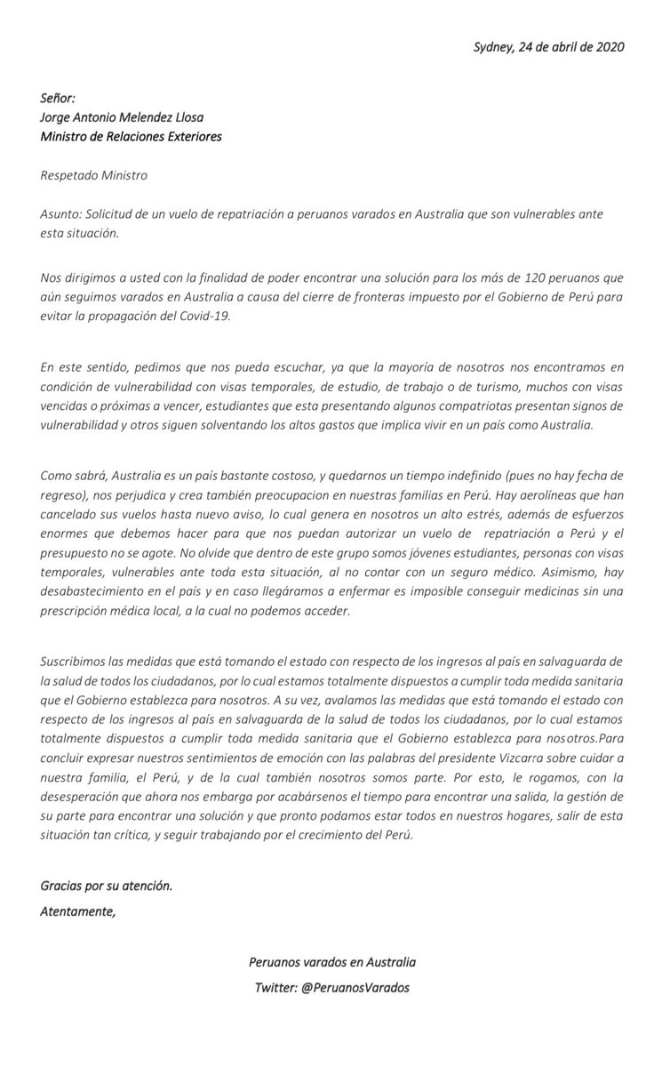 PeruanosVarados's tweet photo. Aún seguimos en Australia, vulnerables y cada vez más olvidados. @CancilleriaPeru ayúdennos a regresar a nuestro país. #PeruanosVaradosEnAustralia 
#PeruanosVarados https://t.co/icnSaOwZSV