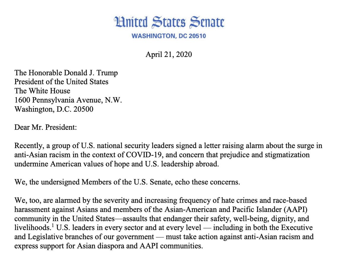 Since we released the pledge in  @USATODAY on April 15th, this week, twenty-eight senators have also sent a letter to the president reiterating and highlighting these concerns.  https://www.foreign.senate.gov/imo/media/doc/04-21-20%20Menendez%20Schumer%20Hirono%20Duckworth%20letter%20to%20Trump%20re%20AAPI%20discrimination%20(002).pdf