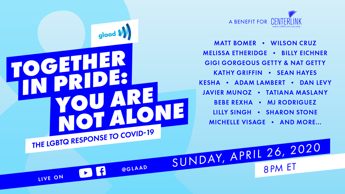 LALGBTCenter's tweet photo. Don't miss the star-studded #TogetherinPride celebrating the community's response to #COVID19 and supporting @Centerlink - watch this Sunday, April 26, 5 p.m. PDT/8 p.m. EDT on @GLAAD FB & YouTube channels: https://t.co/oBsGNt6C79 https://t.co/sLEGqmezJ1