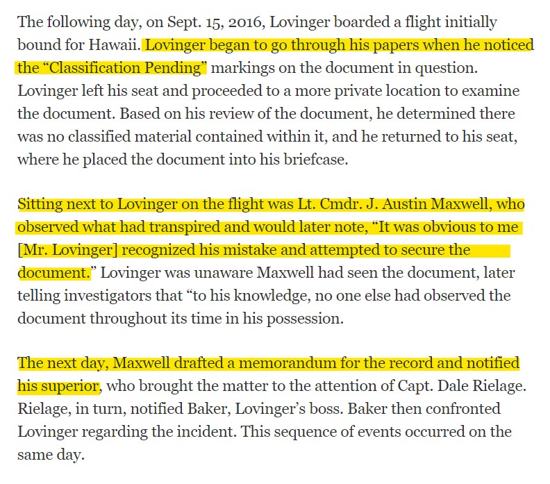 Sep. 15, 2016: Lovinger while traveling abroad, notices a document marked "Classification Pending" in a stack of papers he took with him to read on the plane. He does not know how the paper got there. A fellow DOD employee notifies his superior