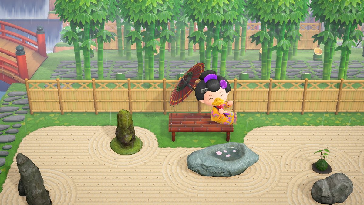 パンダと五条の間にゆぃし 低浮上 ついに 和風エリア完成しましたー O 竹林を抜けて赤橋からの滝 露天風呂の横の 階段からのやたい広場 そして滝の上に宝刀を奉った神社境内を再現 本当 竹家具やいしの協力してくれた皆様 素敵なマイデザ