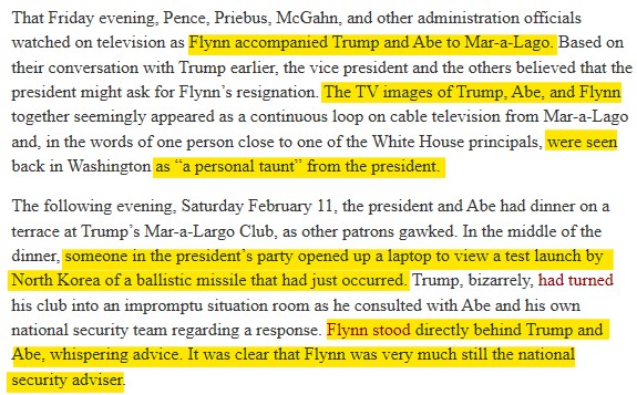 February 10, 2017: Despite this advice, Trump REFUSES to commit to doing so. President Trump, Gen Flynn and Japanese PM Shinzo Abe travel to Mar-a-Largo. Flynn is clearly still the NSA