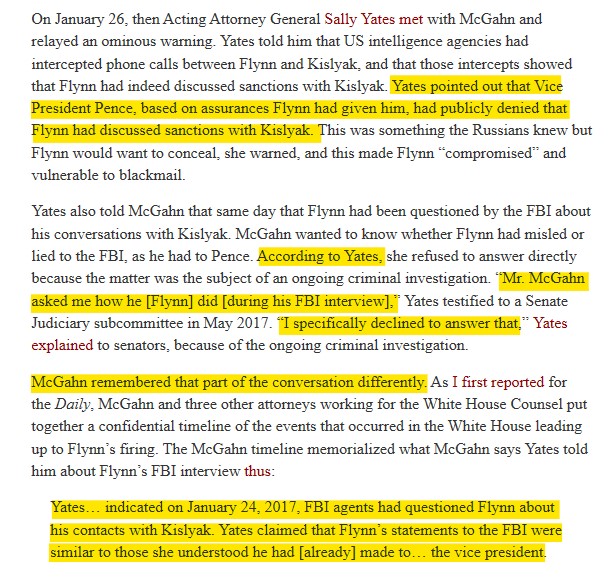 January 26, 2016: Yates and McCord go to McGahn to and tell him that Flynn is compromised and allude to him lying in his interview. McGahn advises Pres. Trump of the situation with Gen. Flynn