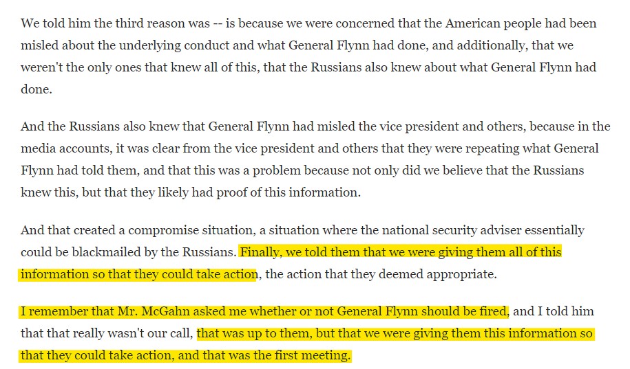 From Yates testimony, she went to McGahn so they could take action against Gen. Flynn.