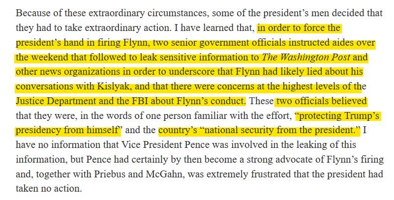 February 10, 2017: This prompts, 2 senior government officials to leak to WP and other news orgs, that Gen Flynn may have lied and the DOJ was concerned. They do it to "protect Trump" and "national security". Flynn MUST BE FIRED