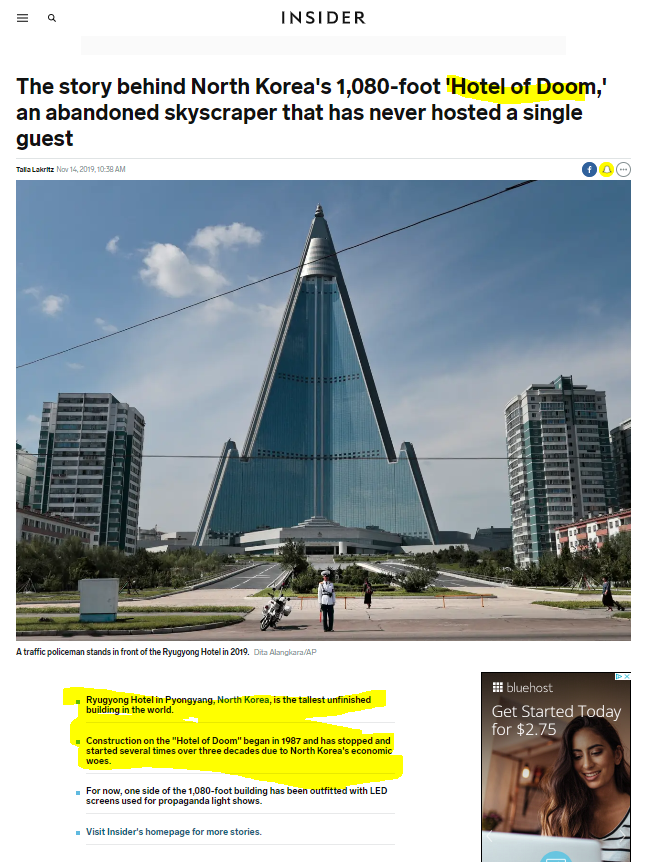 I started looking into this building and realized that it's a symbol that showcases something.No, not that.....It showcases the ineptitude of all Communist regimes. It's the tallest hunk of garbage in the world https://www.insider.com/abandoned-hotel-north-korea-ryugyong-photos-2019-11
