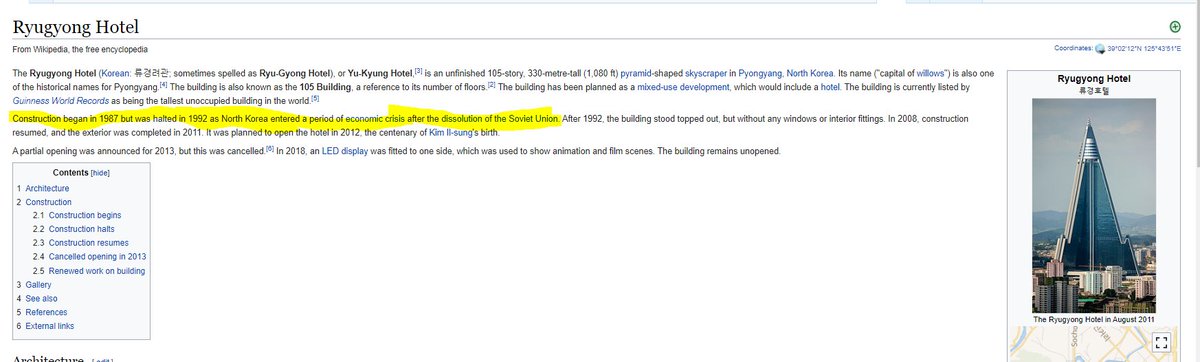 So I started to look into things a little deeper. What was up with this building and why was it never completed?I realized, that it had to do with the fall of the Soviet UnionBut why would that affect it? https://en.wikipedia.org/wiki/Ryugyong_Hotel