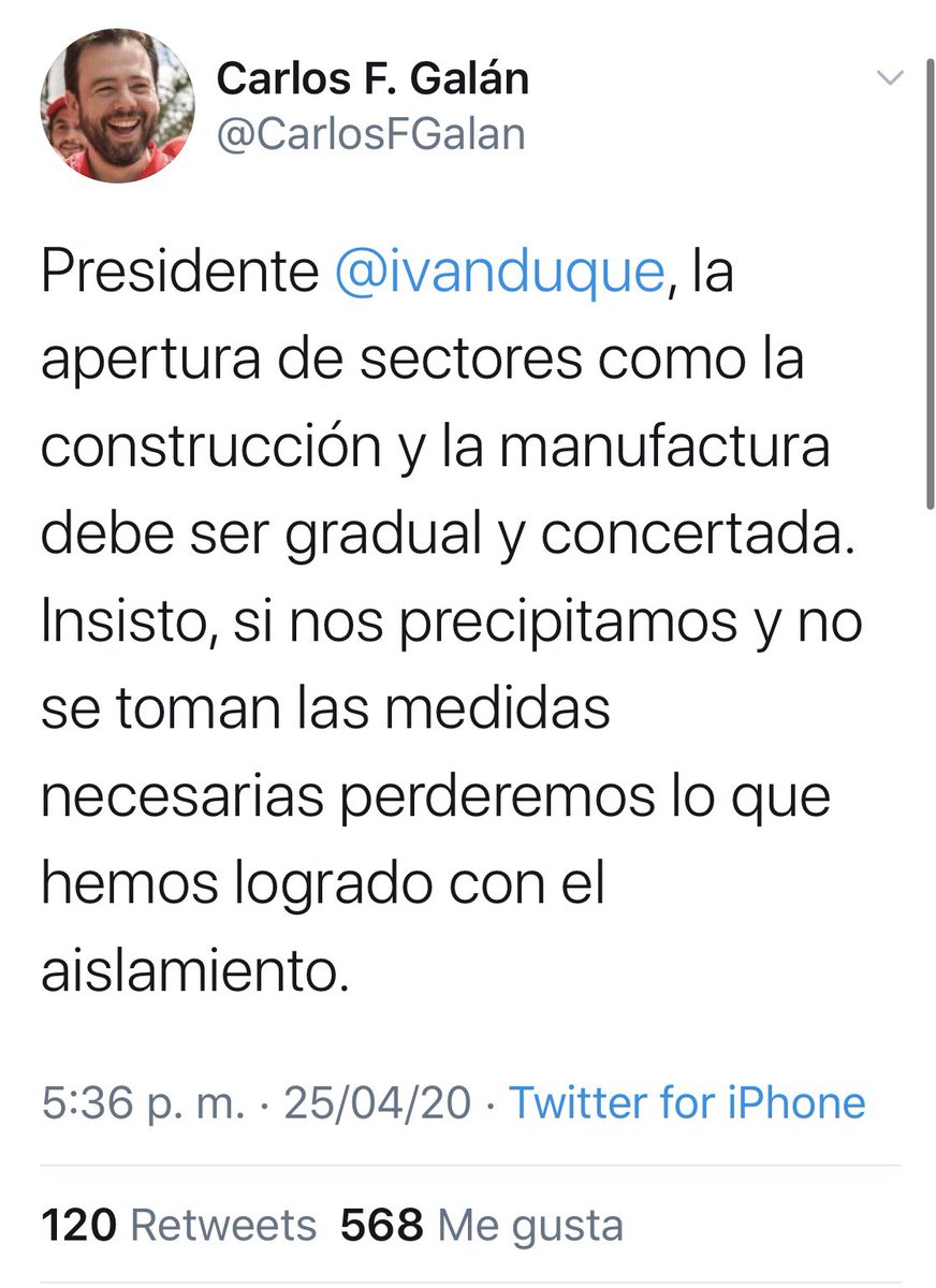 Coincido con el presidente del <a href="/ConcejoDeBogota/">Concejo de Bogotá</a> <a href="/CarlosFGalan/">Carlos F. Galán</a> y así lo he dicho en innumerables ocasiones. Si medidas para aflojar el aislamiento total no se adoptan de forma gradual, responsable y con estrictos protocolos, habremos perdido este buen esfuerzo de 6 semanas <a href="/Bogota/">Alcaldía de Bogotá</a>