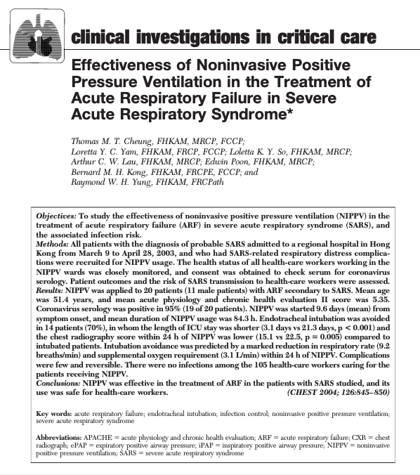 We also know NIPPV works for coronavirus: In the 2004 SARS outbreak, one group used NIPPV to avoid intubation in 70% of cases (n=14) and pts treated with NIPPV had shorter ICU LOS (3.1 vs 21.3 days). Importantly, none of the 105 HCWs exposed got SARS. https://journal.chestnet.org/article/S0012-3692(15)31228-9/pdf 6/