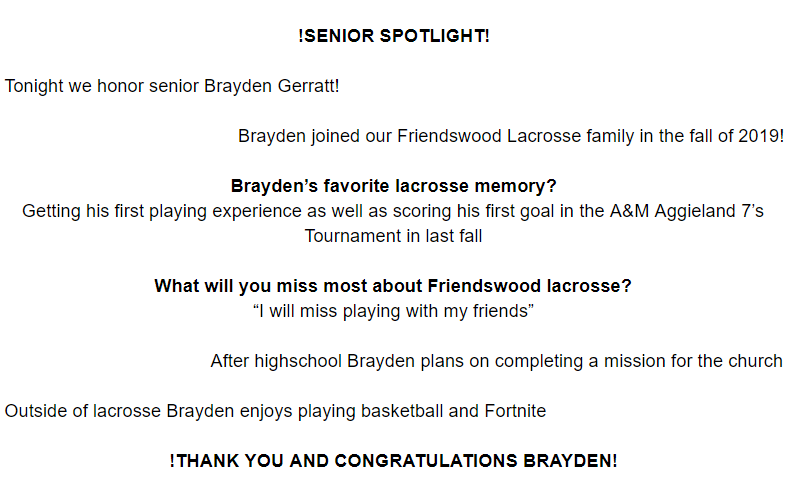 !SENIOR SPOTLIGHT! 

Tonight we honor and say thank you to senior Brayden Gerratt!