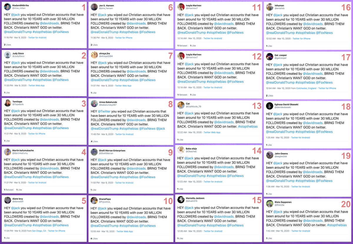 Here are the first 20 tweets demanding the reinstatement of  @davidroads and related accounts, sent over a span of 2.5 hours late on March 9th. Interestingly, none of these accounts follow each other; they are all followed by the newly-minted  @davidroads2, however.