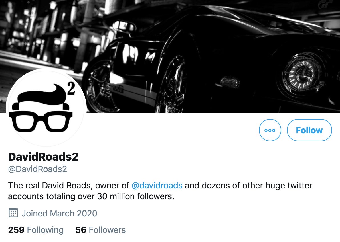 Here are the first 20 tweets demanding the reinstatement of  @davidroads and related accounts, sent over a span of 2.5 hours late on March 9th. Interestingly, none of these accounts follow each other; they are all followed by the newly-minted  @davidroads2, however.