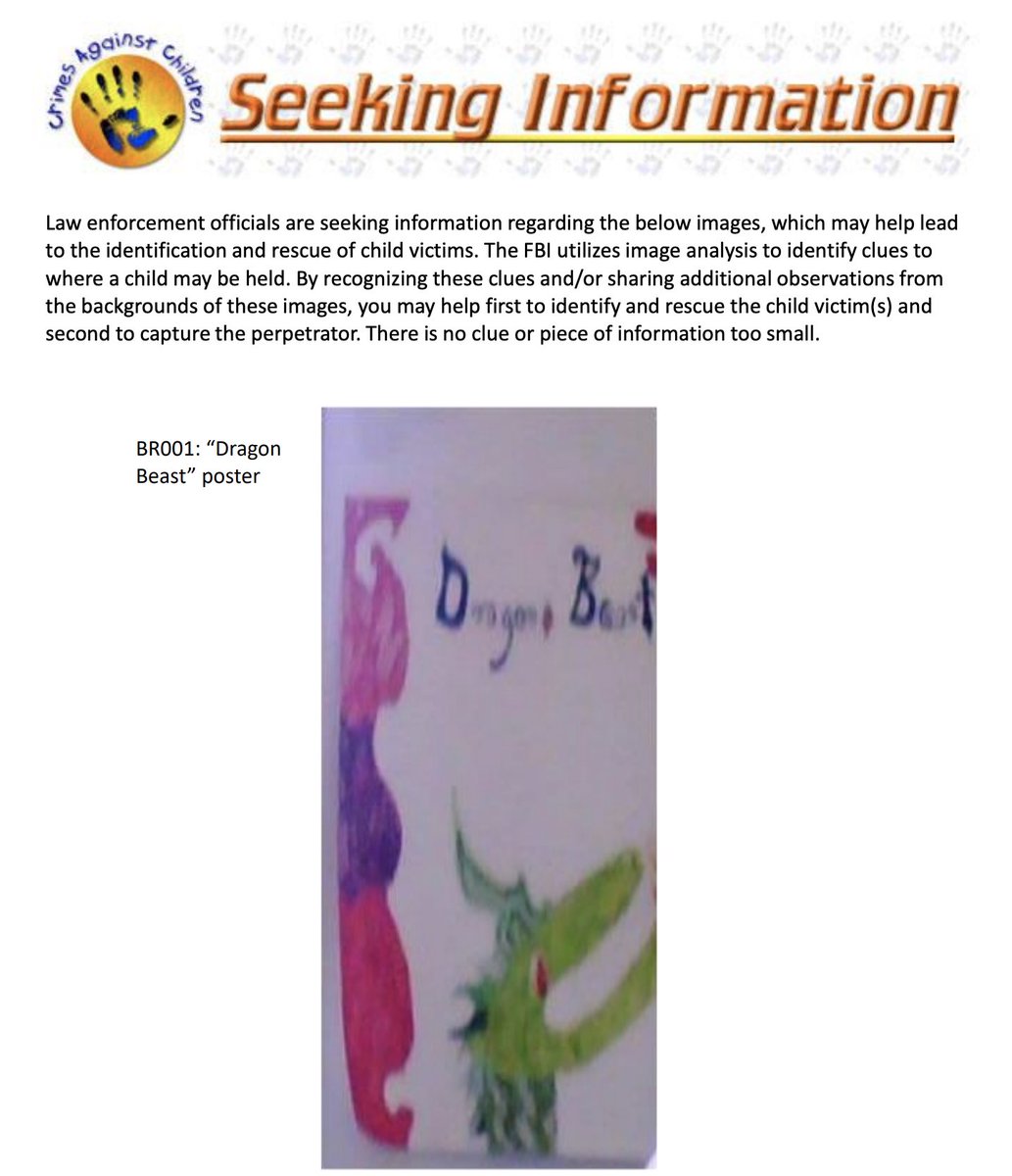FBI's tweet image. The #FBI is seeking information about this image, which may help lead to the rescue of child victims. Do you notice something familiar? Submit tips at tips.fbi.gov. There is no clue or piece of information too small. #SeekingInfoSaturday ow.ly/1uK350zo2bI