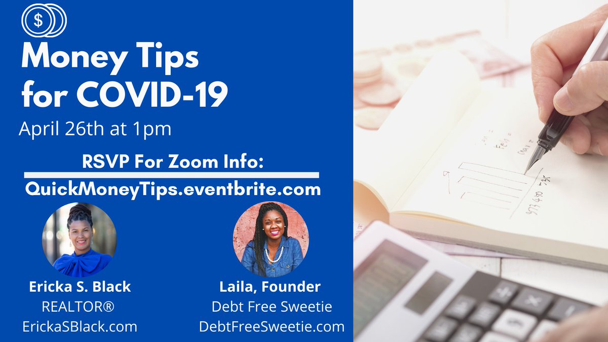 DebtFreeSweetie's tweet photo. I'm excited to team up with top realtor @erickasblack to bring you #money tips for #COVID-19. Join us live on April 26th at 1:00pm EST!
Register for free at https://t.co/6BCk2LQMU5 https://t.co/9GZIc70N3n