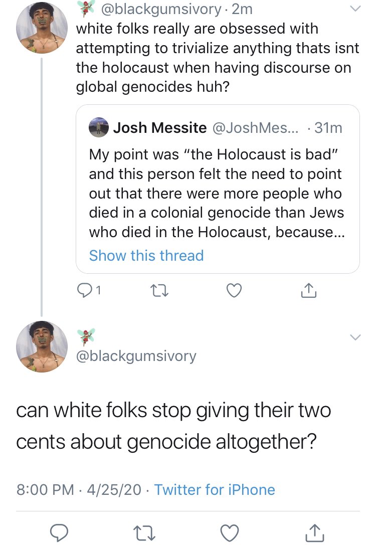 Well entire branches of my family were wiped out by the Holocaust, so I think I’m qualified to give my 2 cents here. The idea that I’m trivializing colonial genocides by saying it’s weird to bring them up unprompted during a discussion of the Holocaust is absolutely ridiculous