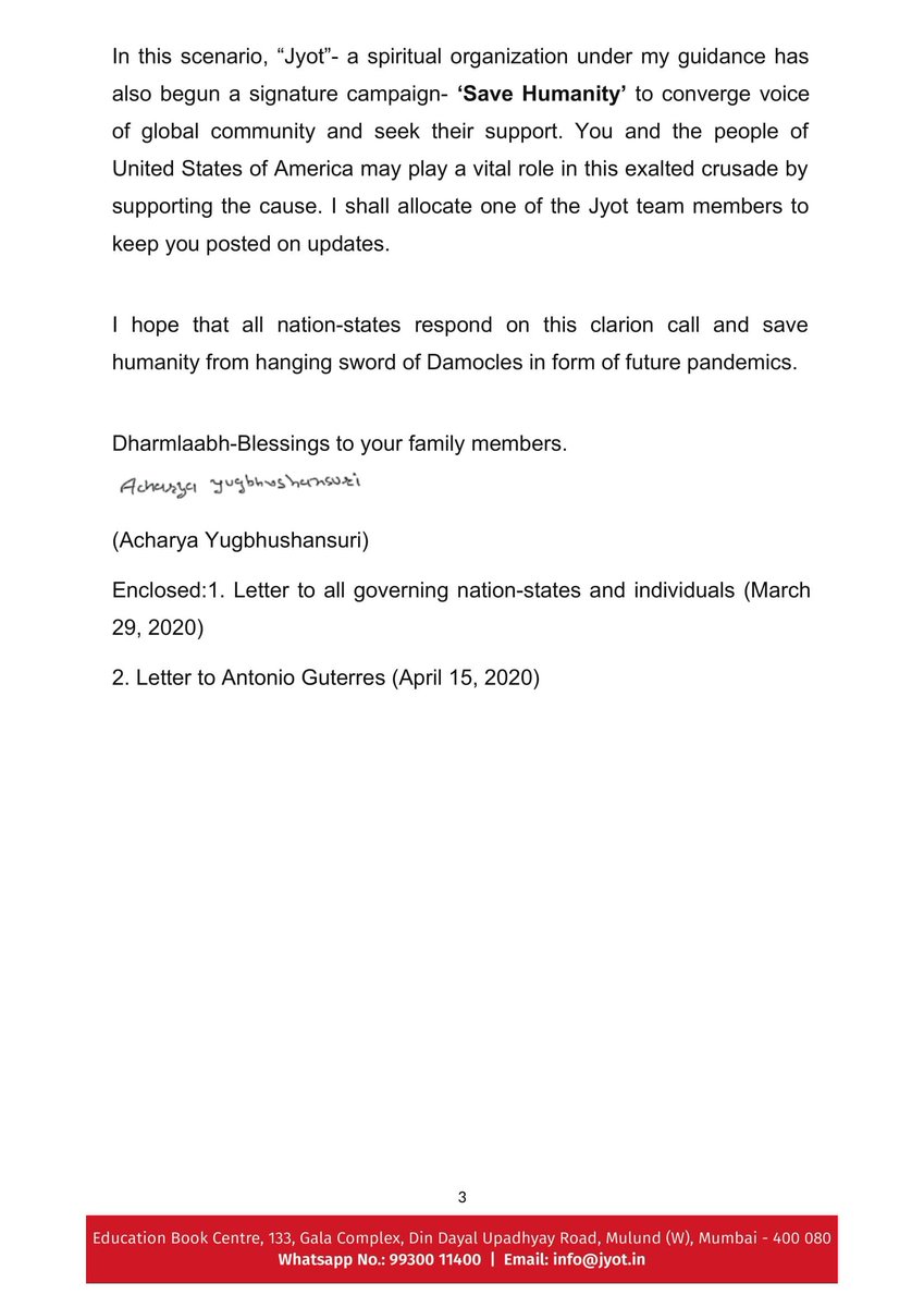 IndiaJyot's tweet photo. @realDonaldTrump @RobertDowneyJr
𝐃𝐨 𝐧𝐨𝐭 𝐦𝐢𝐬𝐬 𝐭𝐡𝐞 𝐨𝐩𝐩𝐨𝐫𝐭𝐮𝐧𝐢𝐭𝐲 to deliver justice to entire humanity. #savehumanity from pandemics letter from 𝐉𝐚𝐢𝐧𝐚𝐜𝐡𝐚𝐫𝐲𝐚 𝐘𝐮𝐠𝐛𝐡𝐮𝐬𝐡𝐚𝐧𝐬𝐮𝐫𝐢 enclosures https://t.co/BGZK5UkNc7 #globalbiosecurity #covid_19 https://t.co/NfaWqBVacR