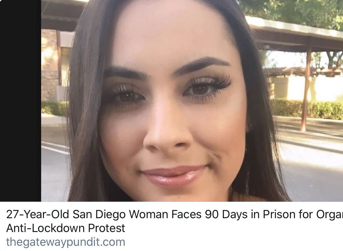 dmills3710's tweet photo. San Diego, CA: 27 Year Old Naomi Soria Facing Criminal Charges for Organizing Last Week’s Downtown Protest; Faces Up To 90 Days in Jail & $1,000 Fine▫️
#LibertyTorch Being Held By Freedom-Constitution Bearing Americans Being American 🇺🇸
@POTUS
https://t.co/zKJnyzPYaQ https://t.co/ahL2fL17u1