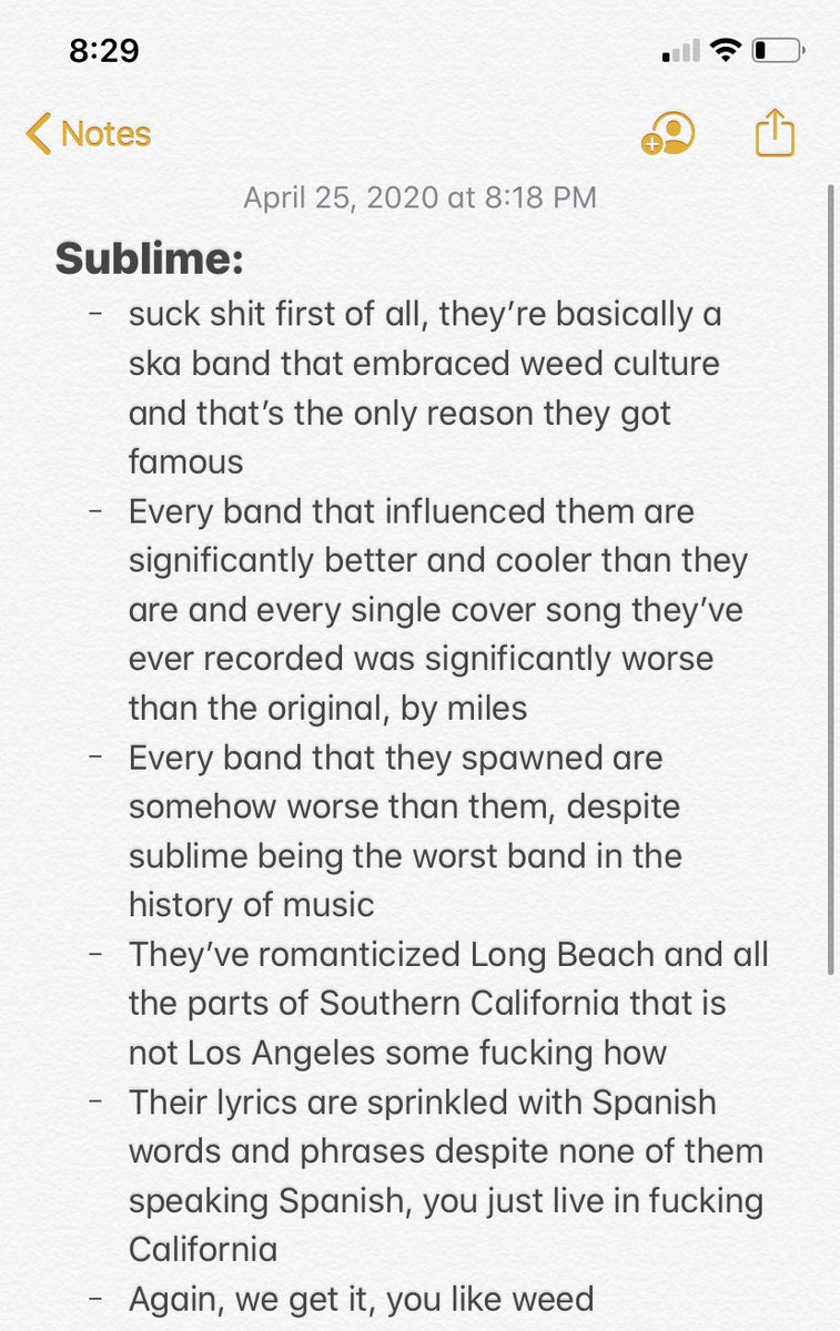 Doing a “talk for one minute about something you hate” on a zoom call today and it’s finally my time to shine about the thing i hate more than anything else in the world: the band sublime