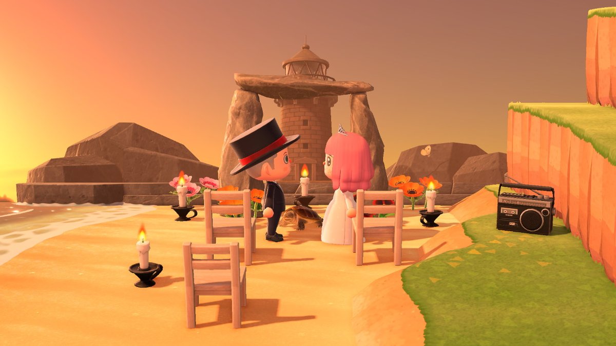 breembles's tweet photo. Our wedding would have been today at 6, so we  had it on our island instead with our turtle Lester as our officiant #AnimalCrossing #ACNH https://t.co/rxWcgPSseU