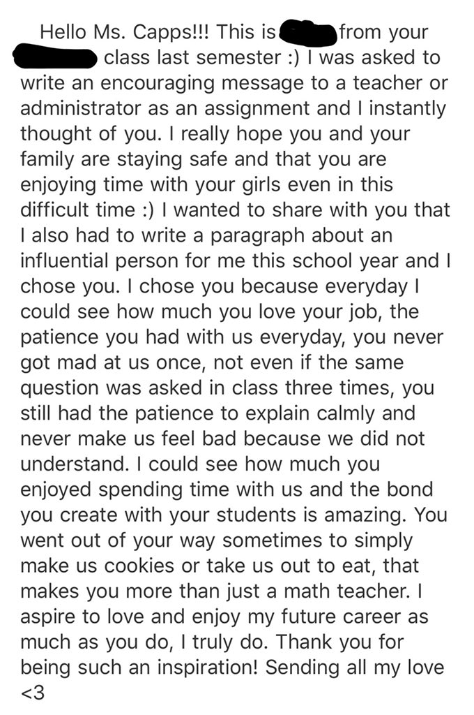 valerie_capps's tweet image. I received one of the most precious emails from a student today! 😭 Comes at a time that means a lot 💙❤️💙 Thankful to hear from my students because I need that. I miss them 😢 #RISECleveland #ccsathomelearning