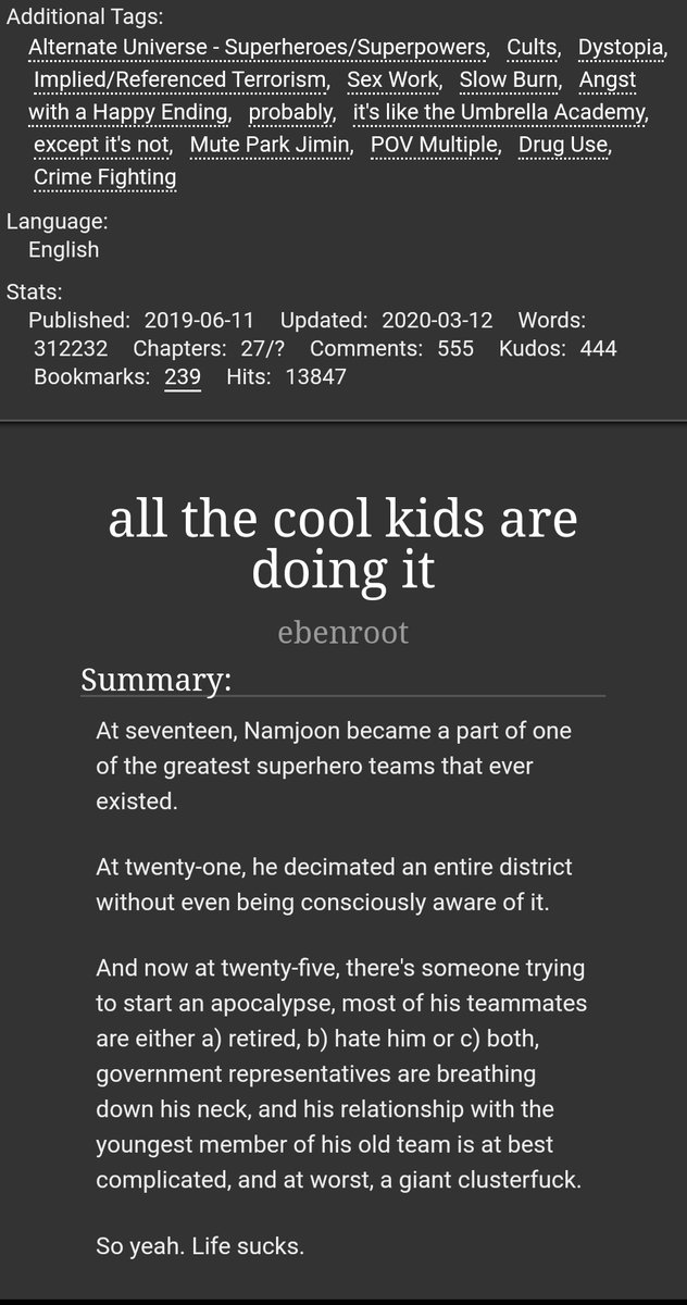 all the cool kids are doing it by  @obroskii #namkook. ongoing. superhero(?) au. they have cool superpowers. the emotions are chef's kiss. http://archiveofourown.org/works/19186021 