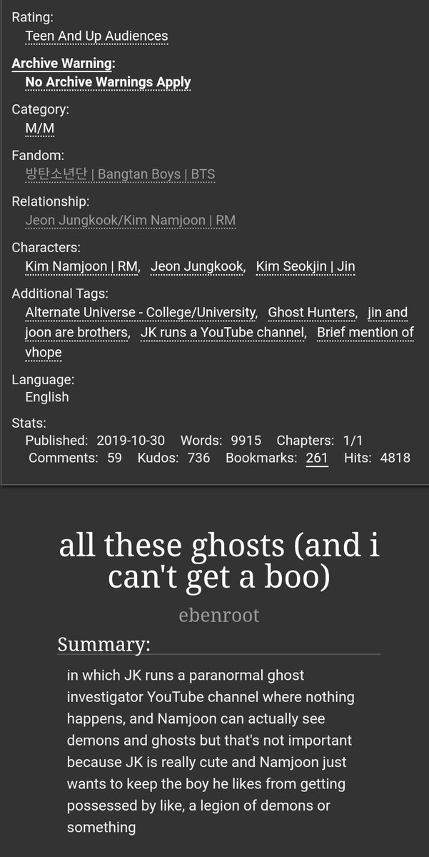 all these ghosts (and i can't get a boo) by  @obroskii #namkook. completed. youtuber jungkook. ghost-hunting. http://archiveofourown.org/works/21240866 