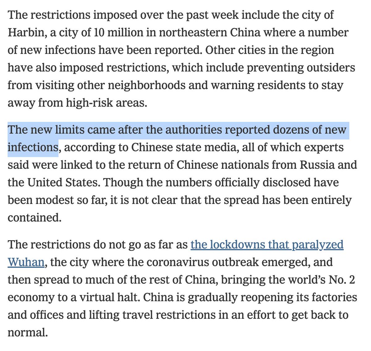 Thread with thoughts on the (still small?) new outbreak in China, as well as how they're adapting to a post-corona world.First, the Harbin outbreak is claimed to have been triggered by return migration, and detected at the level of dozens of cases. http://archive.is/LBKzy   https://twitter.com/balajis/status/1252021771919712256