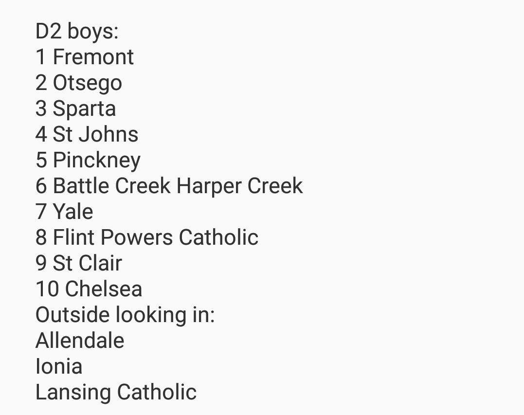 No question here. Fremont is the best team in the whole state once again. Should be a race for 2nd. Pinckney moving down could cause some headaches for some teams.