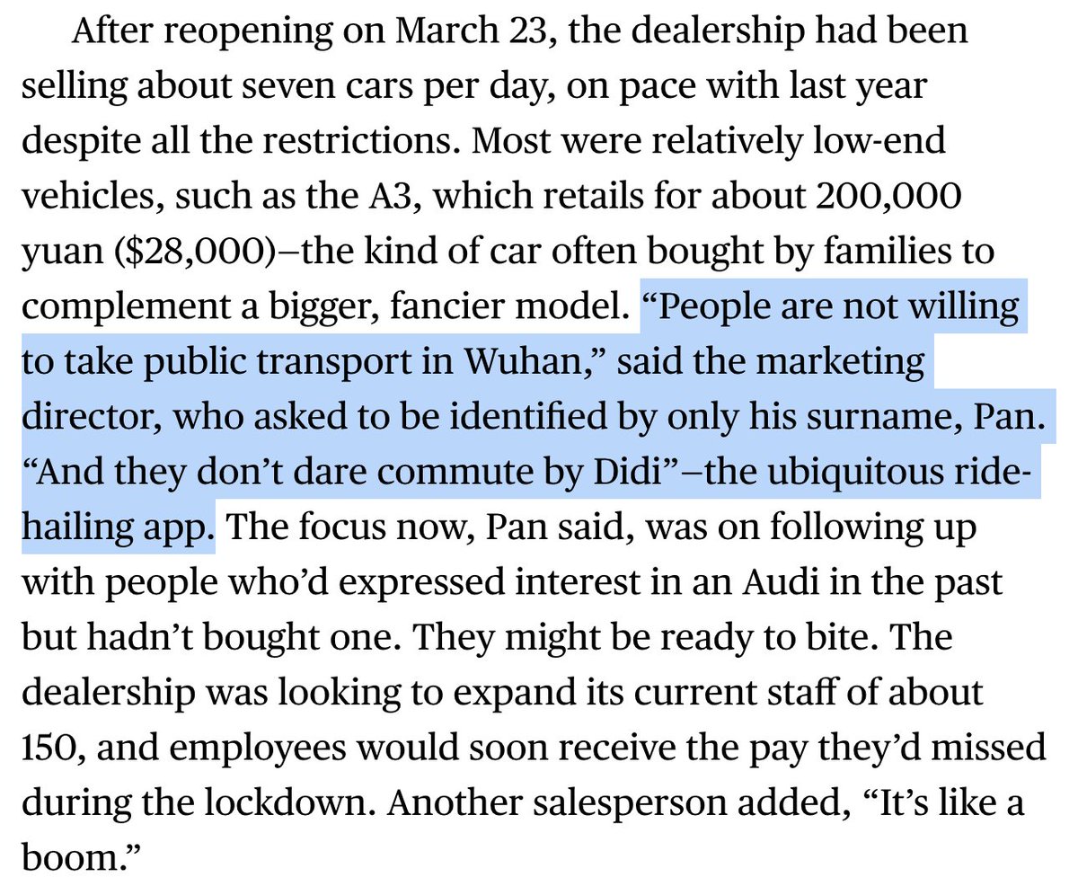 Other aspects of the postvirus China worth thinking about.One is the total reversal of fortune for the sharing economy vis-a-vis buying a car.The long-term trend towards less car ownership may get reversed.Perhaps autonomy fixes this? But you're still sharing.