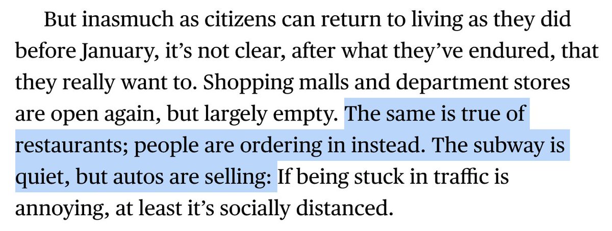 Insofar as Wuhan is at least a few months ahead of the West, what's going on there may give some hint as to our future.First, the new normal is socially distanced.Second, when people are buying, they appear to be getting things they *need* & that give individual sovereignty.